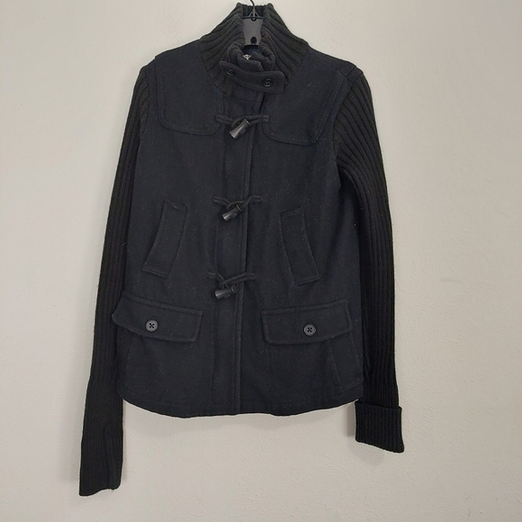 Gap Duffle Coat Jacket Military Size M Wool Blend Zip Toggle Button Heavy Black. - Picture 2 of 12